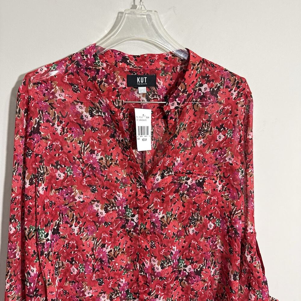 KUT From The Kloth Red Floral Sheer Button Down Blouse M Roll Tab Sleeves NEW - Picture 2 of 5